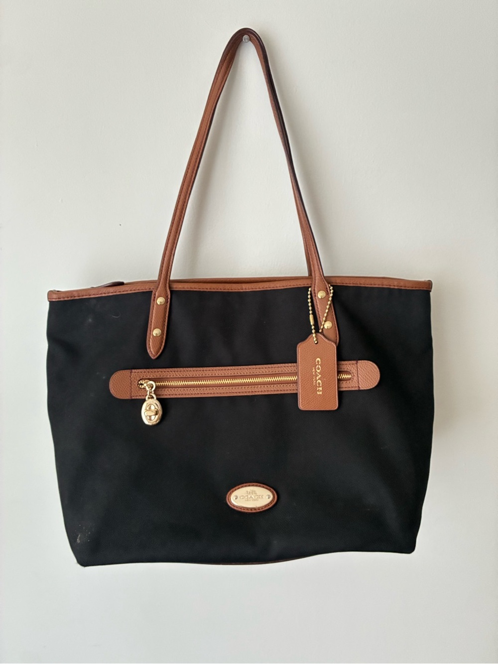 Coach Bag Black Nylon Tote Bag Brown Leather Turnlock Shoulder Purse
